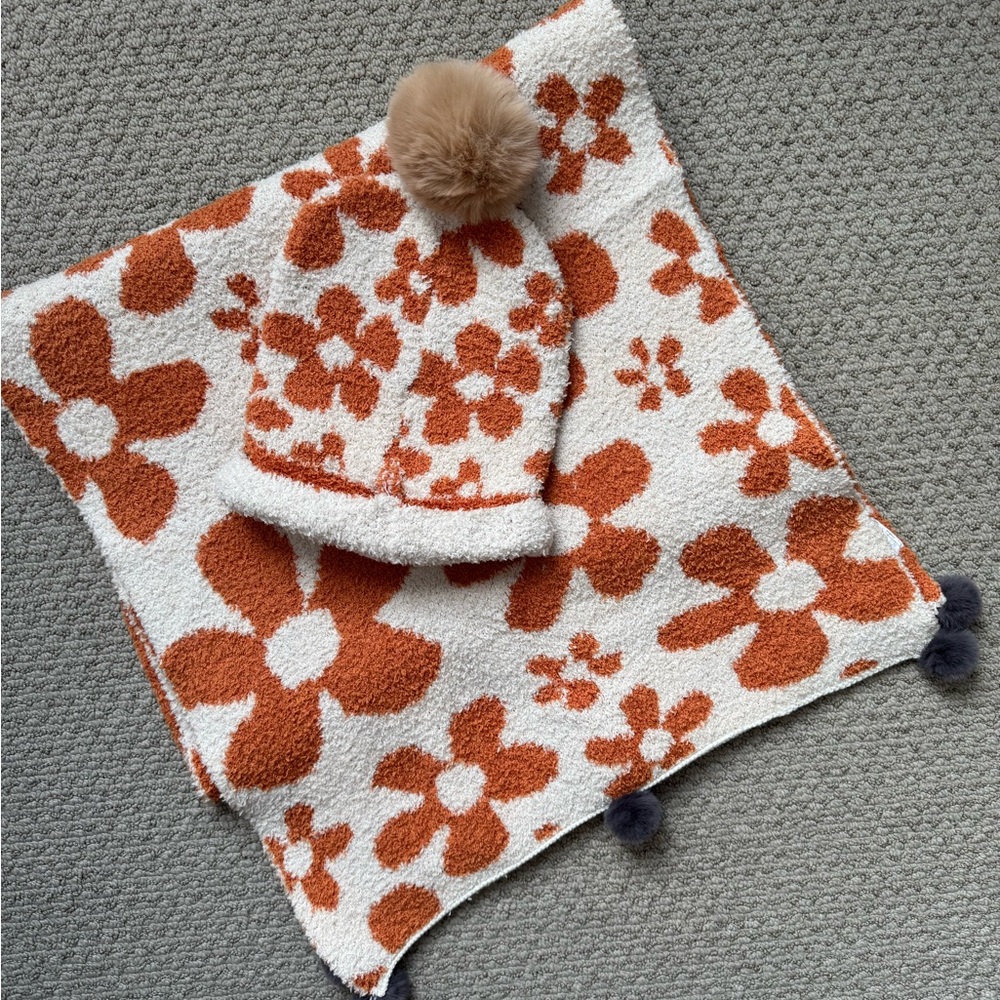 Floral Kids Beanie and Blanket Set - Orange and Cream NWOT
